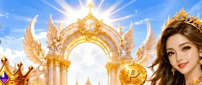 White and gold ceremonial arch with winged statues either side