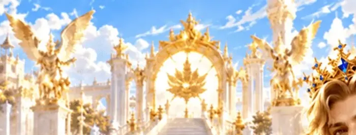 Ornate golden palace gateway flanked by winged statues under a bright sky