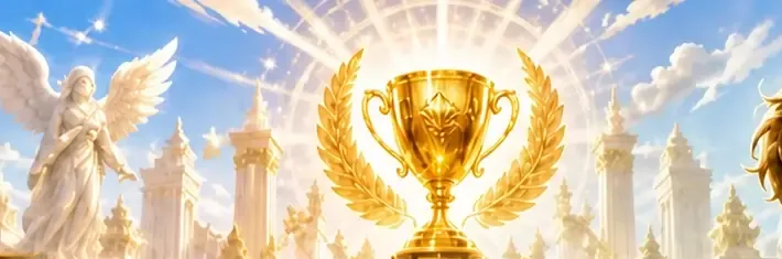 Golden trophy in a laurel wreath before white columns and a statue